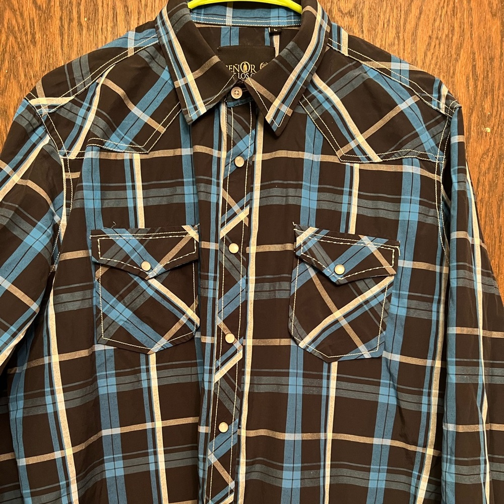 “Señor de los cielos” Western Plaid Long Sleeve Pearl Snaps Shirt Size L